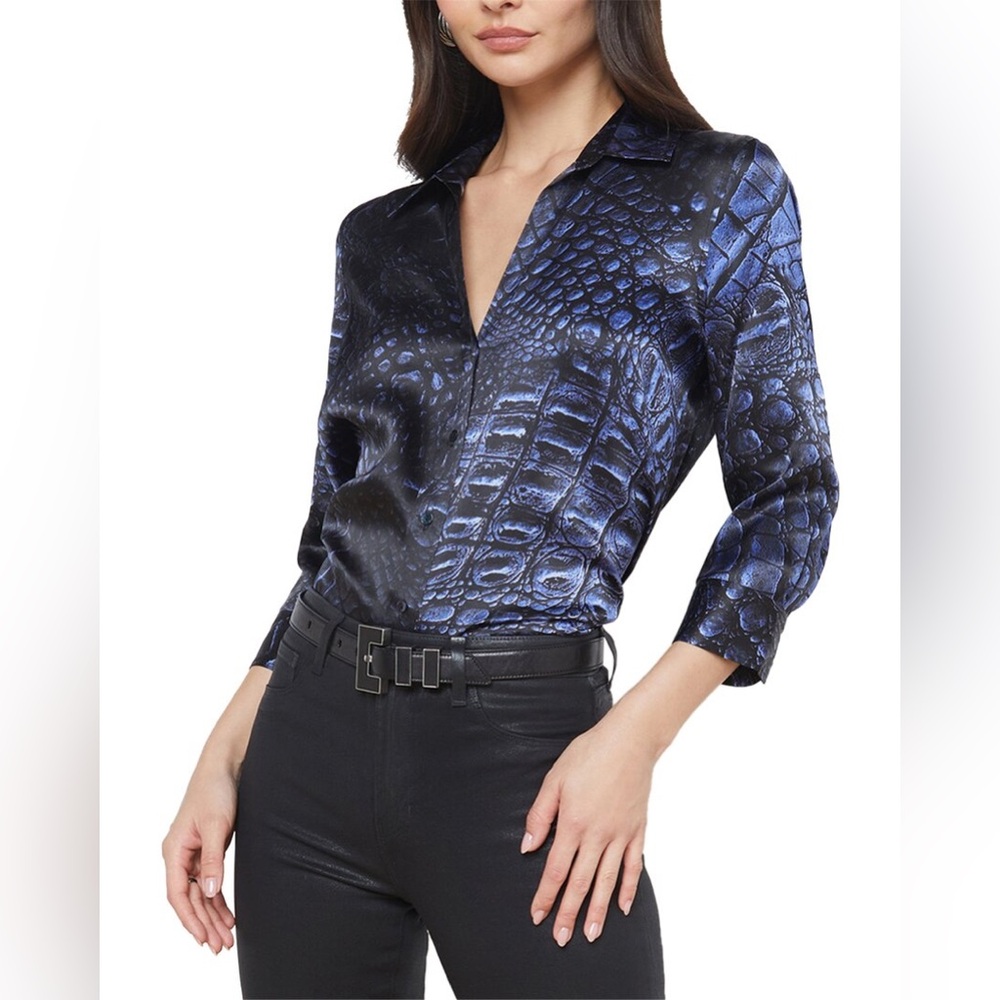 L’Agence 100% Silk Dani Black & Purple Snake Print Button Front Blouse